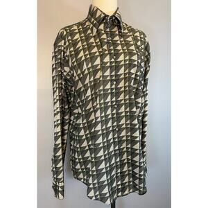 Vtg 70s Geometric Abstract Pointillism Button Front Disco Shirt Dagger Collar LG
